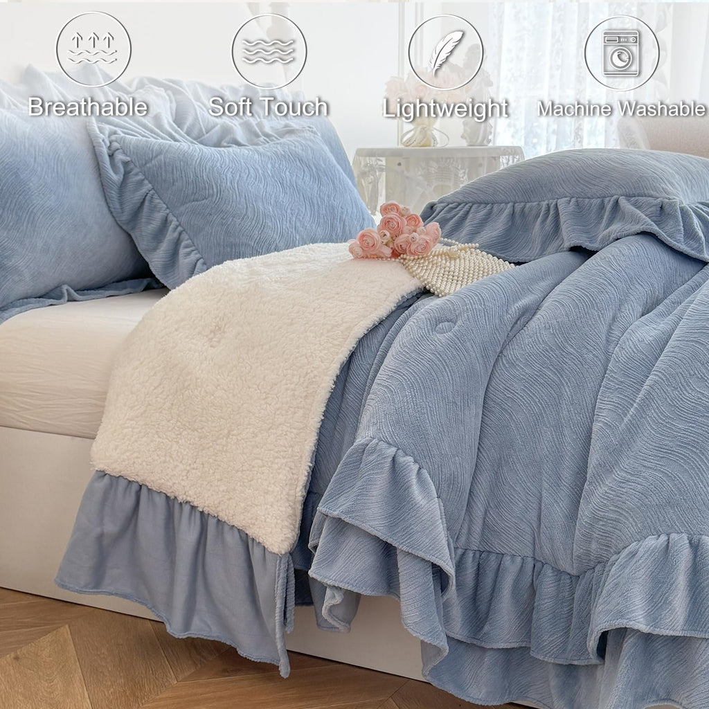 Fluffy Sherpa Comforter Set, Super Soft Fleece Blue Ruffle Bedding