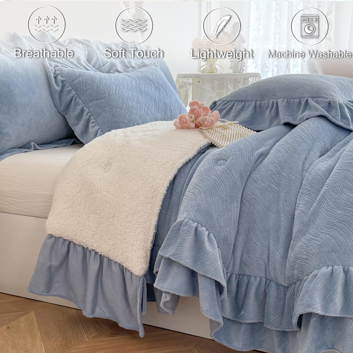 Fluffy Sherpa Comforter Set, Super Soft Fleece Blue Ruffle Bedding