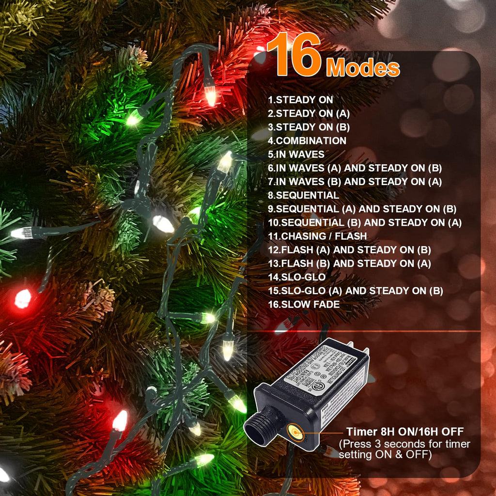 Red Green White Christmas Mini Lights, 32.5FT 100 LED Clear Bulbs String Lights with 16 Light Modes, Fairy Lights