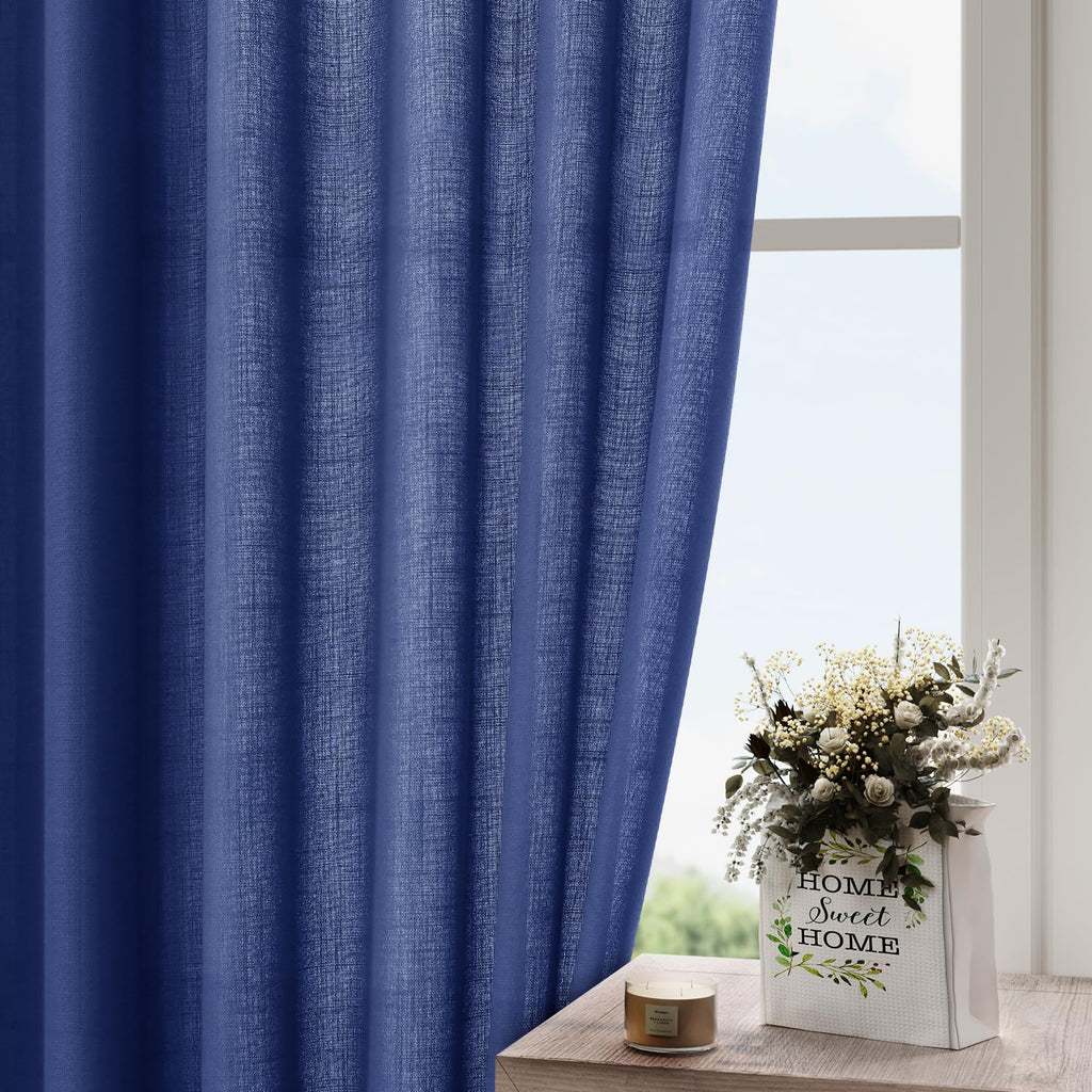 Classic Blue Linen Curtains 102 Inches Long Rod Pocket Back Tab Drapes 2 Panels Set Bedroom Light Filtering Semi