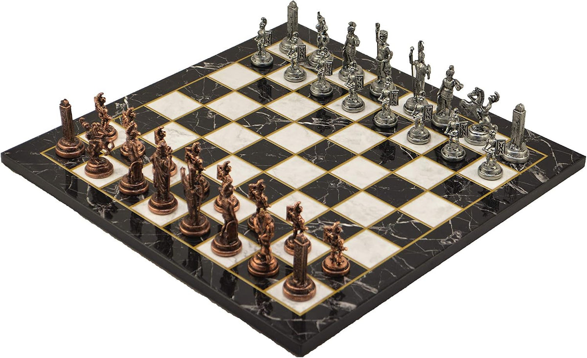 Metal Chess Set for Adults Greek Zeus Antique Copper Figures,Handmade Pieces and Marble Design Wooden Chess Board