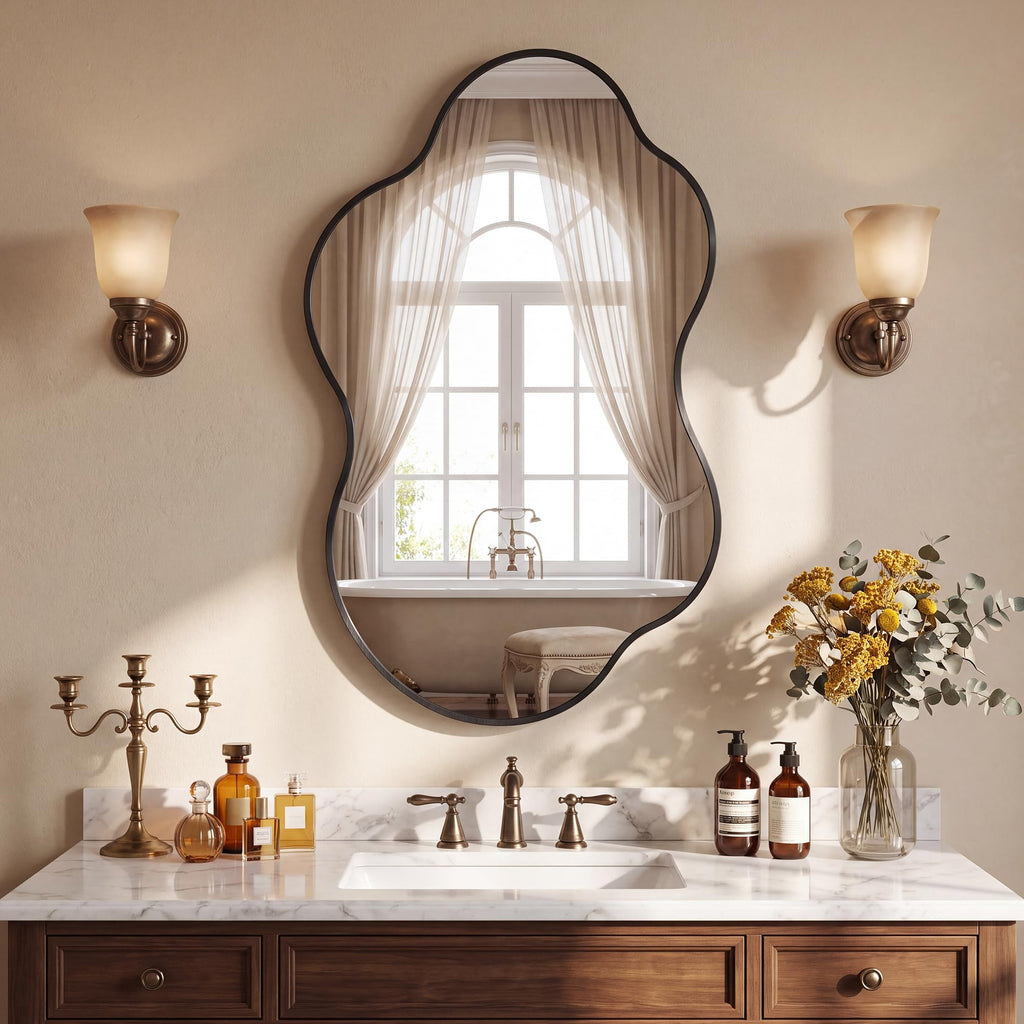 36''x22'' Asymmetrical Mirror with Wood Frame, Small Irregular Wavy Wall Mirror, Odd Shaped Mid Century Modern Mirror