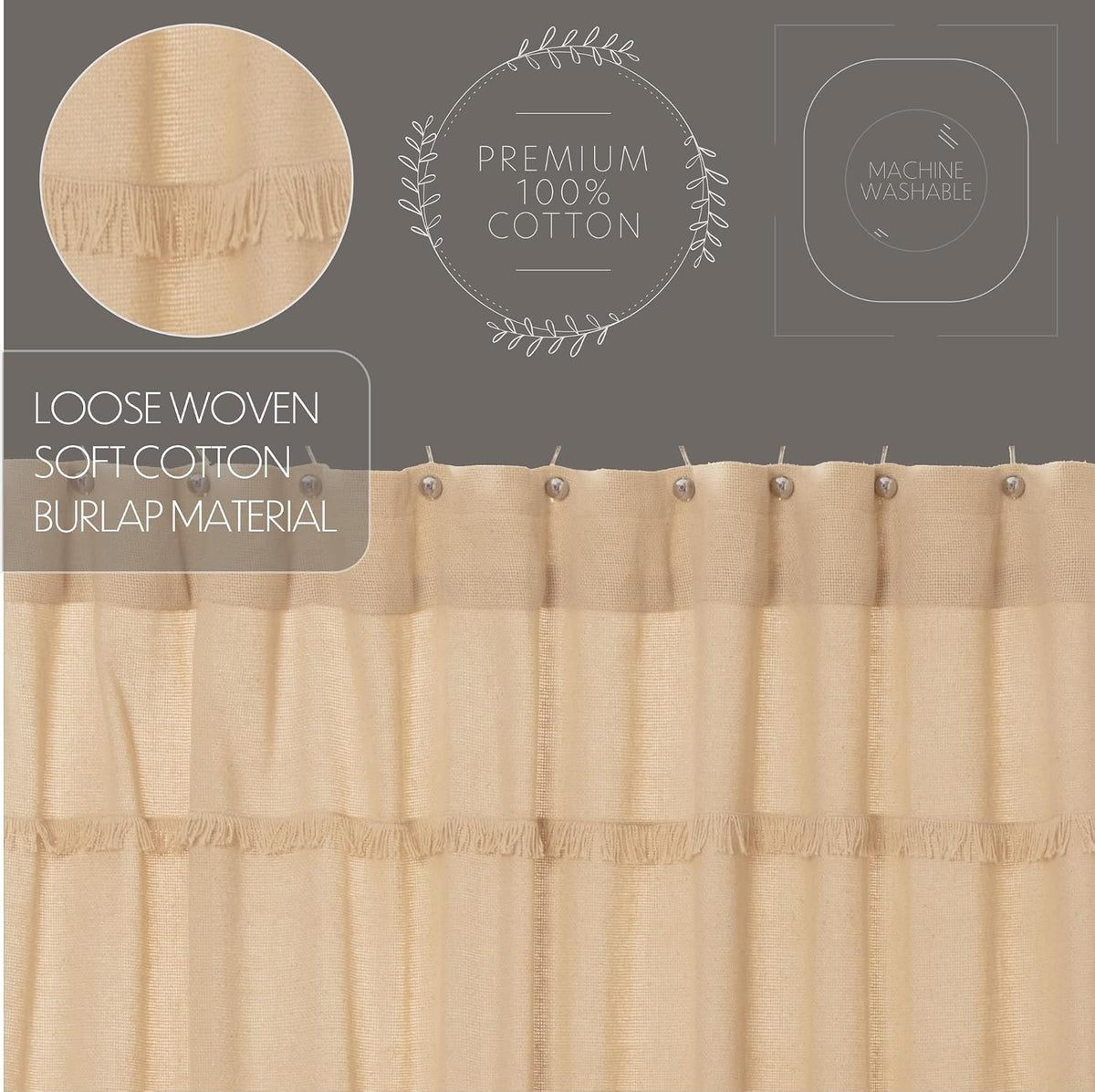 100% Cotton Burlap Vintage Farmhouse Bath Decor Fringed Shower Curtain- Beige, 72x72