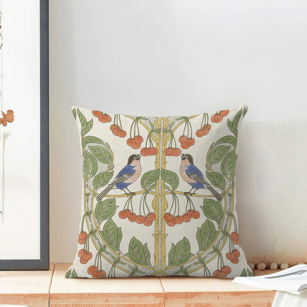 Boho Pillow Covers 18x18 Inch Set of 2 Blue Orange Vintage Botanical Bird Throw Pillows Seasonal Cherries Bird Floral