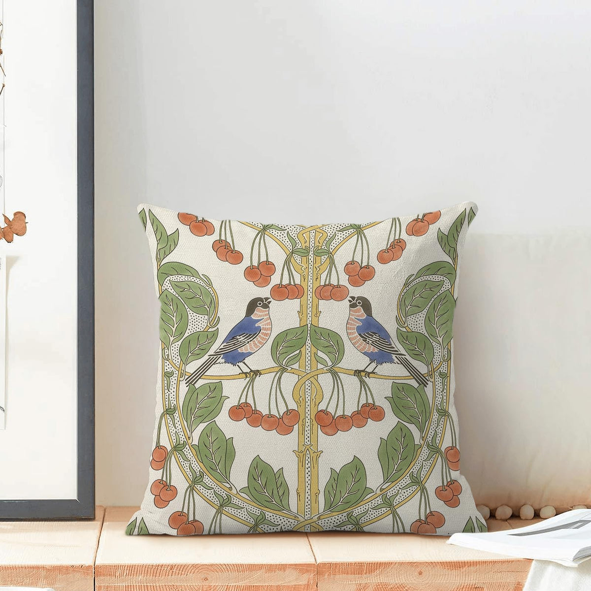 Boho Pillow Covers 18x18 Inch Set of 2 Blue Orange Vintage Botanical Bird Throw Pillows Seasonal Cherries Bird Floral