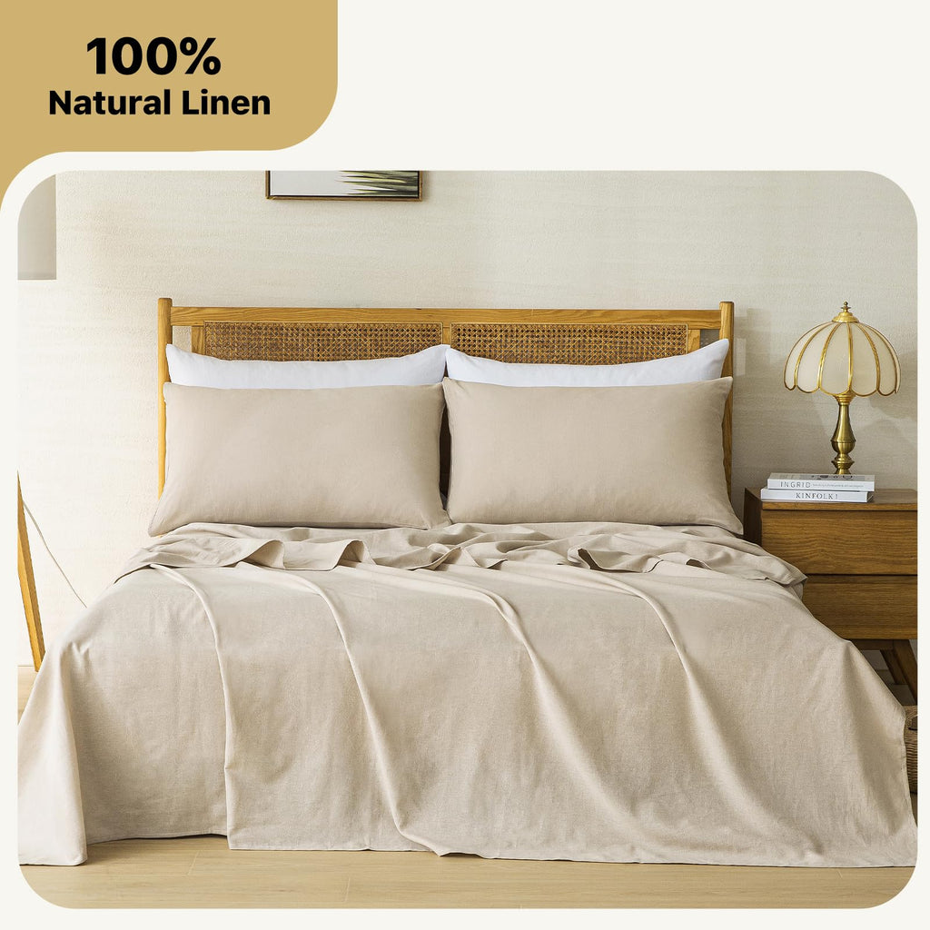 100% Linen Sheets 4 Piece - Washed Natural Flax Bedding Set, Ultra Breathable Soft Durable Flat Sheet
