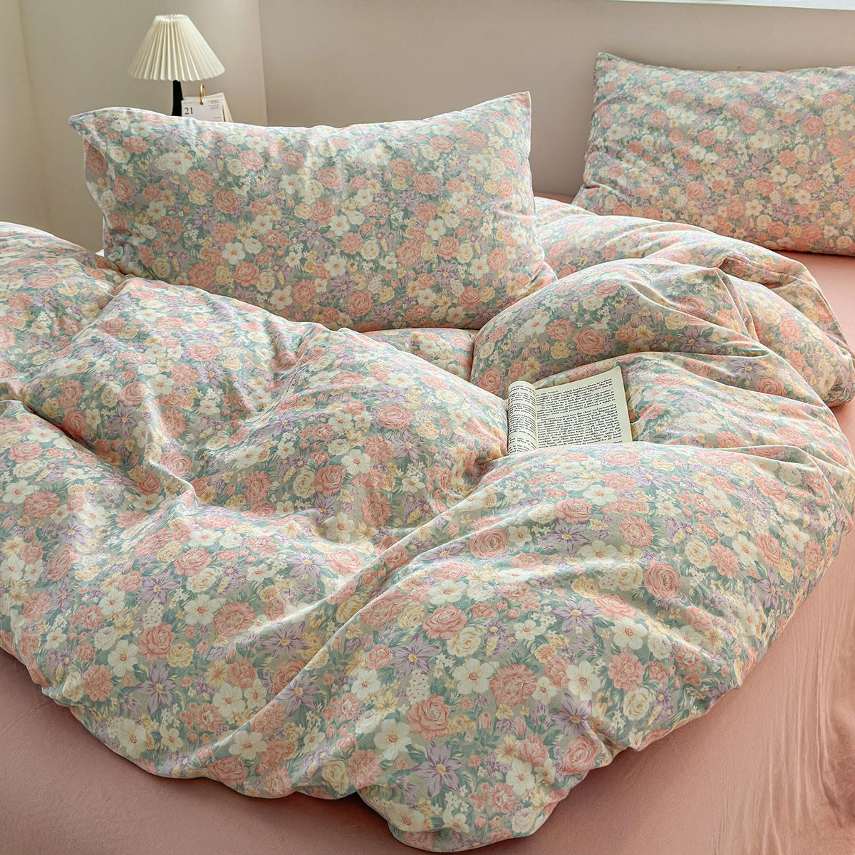 Floral Duvet Cover Queen Size Cotton Double Gauze Queen Comforter Cover Boho Cute Muslin Zipper Duvet Cover Set with