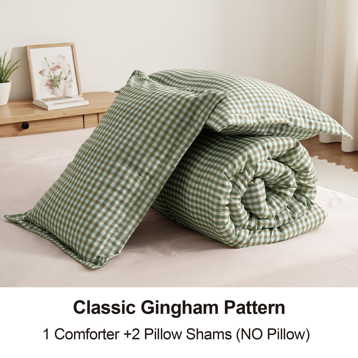 Comforter Set, Fluffy Green Gingham Plaid Bedding, 3 Pieces