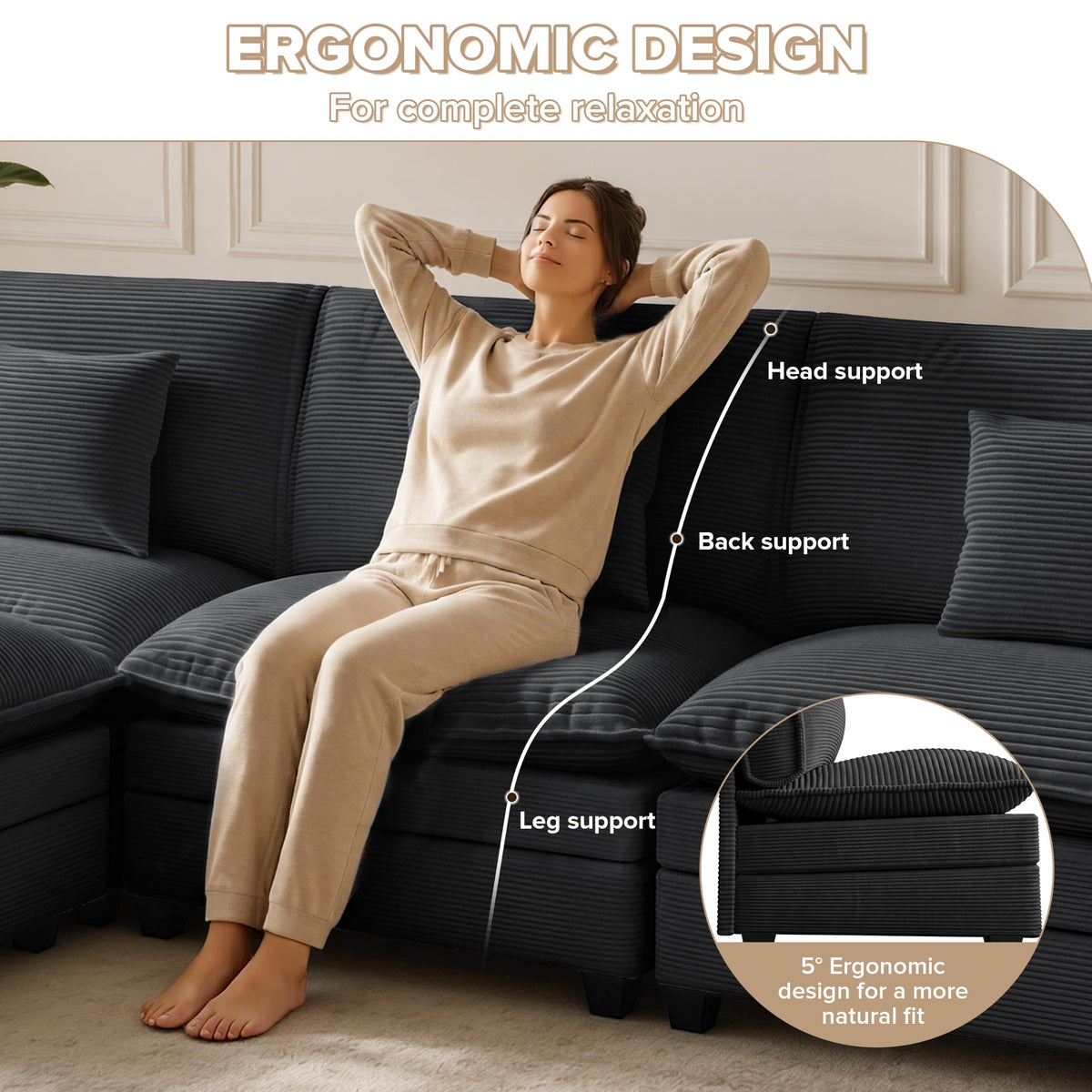 Modular Sectional Sofa with 3 Movable Ottomans, 107" Cloud Couch Sectional