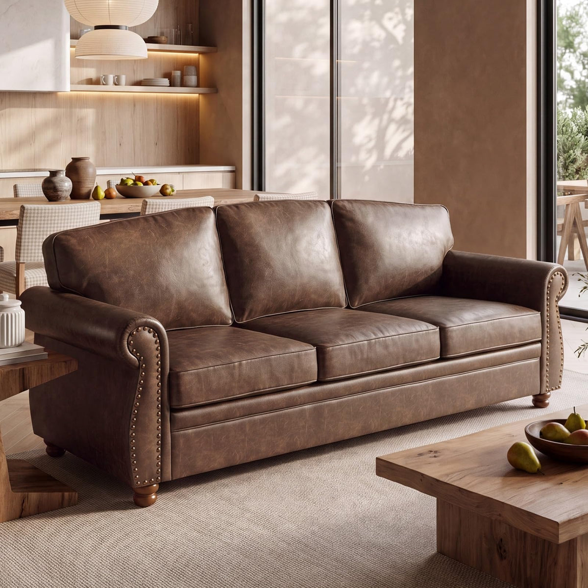 Traditional Faux Leather Couch Sofas, 91.3", Dark Brown