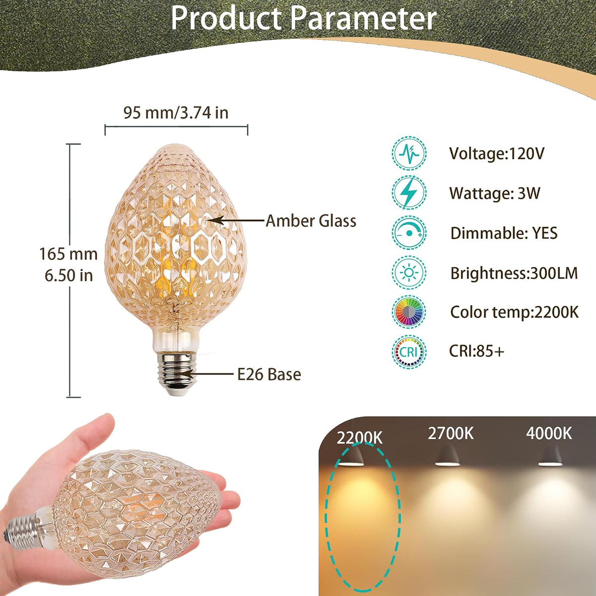 Strawberry Amber LED Light Bulbs,3W E26 2200K(2 Pack)