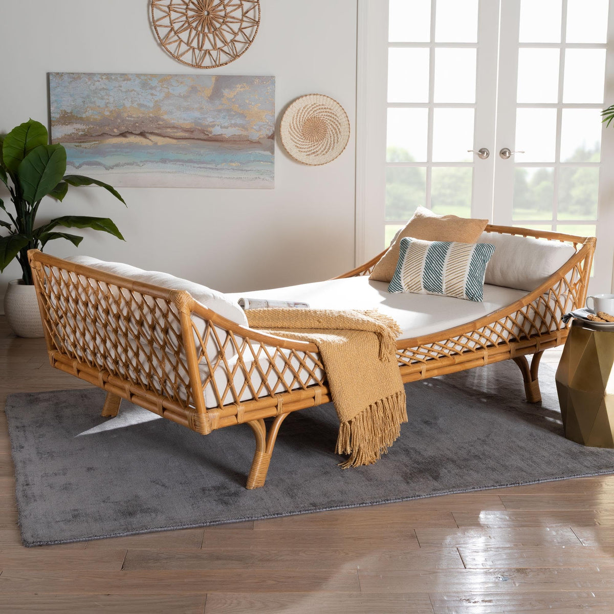 Akemi Handwoven Natural Rattan Daybed with Cushion - Boho Coastal Lounge Bed, or Sunroom