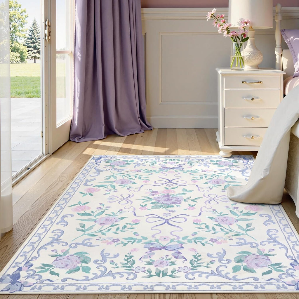 Purple Floral and Bow Washable Nursery Rug for Girls Bedroom