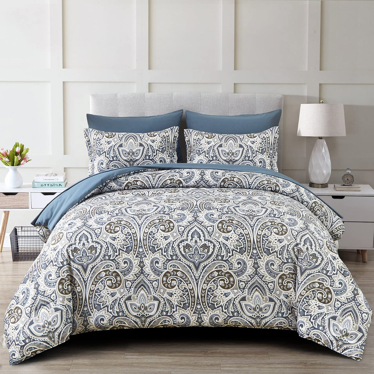 Blue Paisley Comforter Set King, 7 Pieces Bed in a Bag Comforter Boho Paisley Pattern Bedding Set Soft Microfiber(1