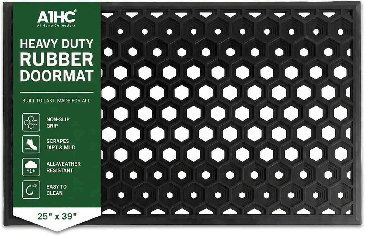 Subhera Collection Heavy Duty Rubber Door Mat 25"×39" Non-Slip Drainage with Dirt Scraper | Outside Doormat for Front