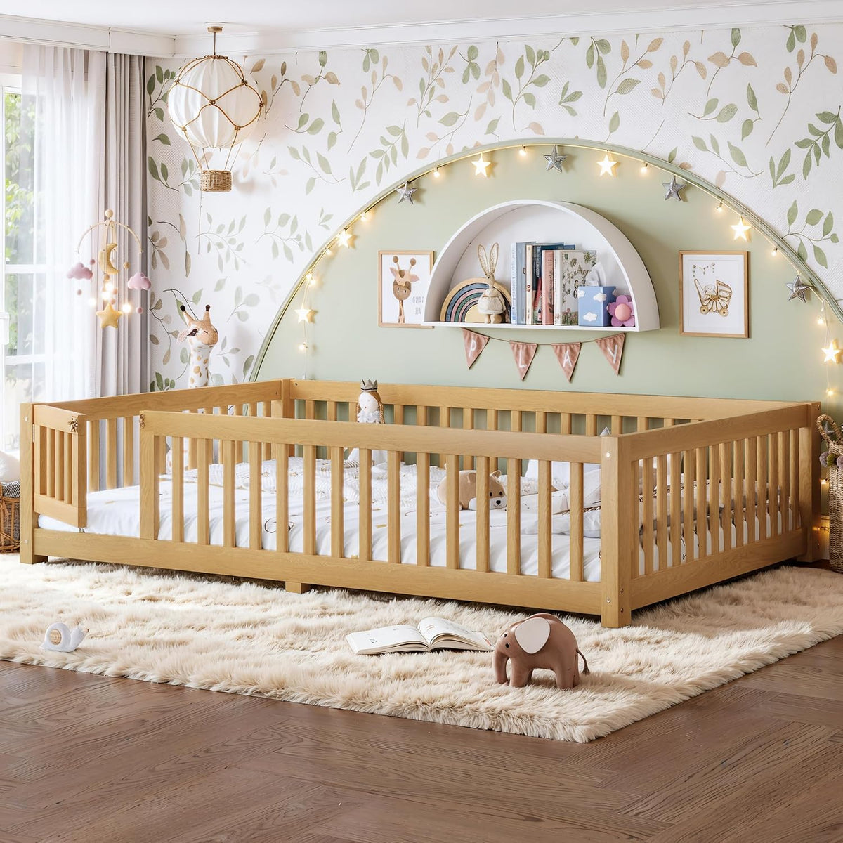 Queen Size Montessori Floor Bed Frame with Slats and Fence for Kids,Natural | Solid Wood,Full Surround Safety