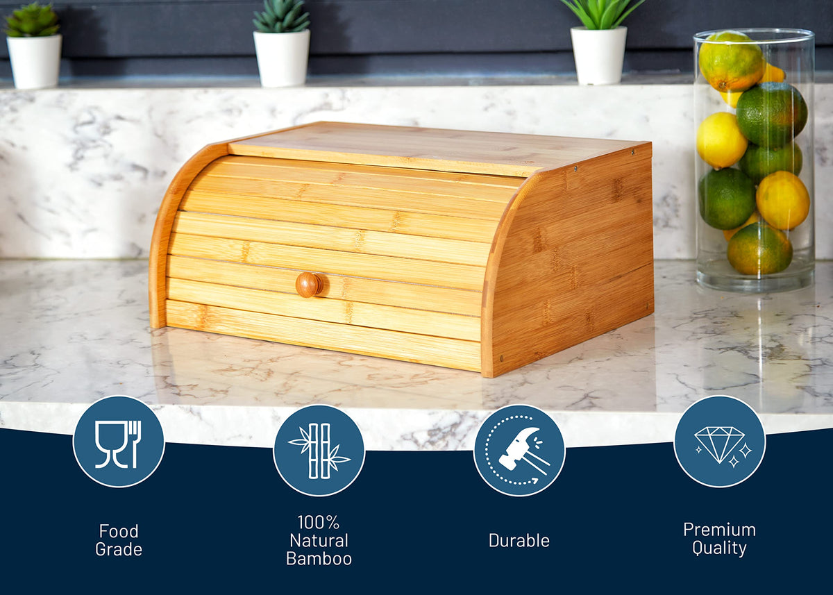 Bread Box - Natural Bamboo Roll Top Kitchen Food Storage