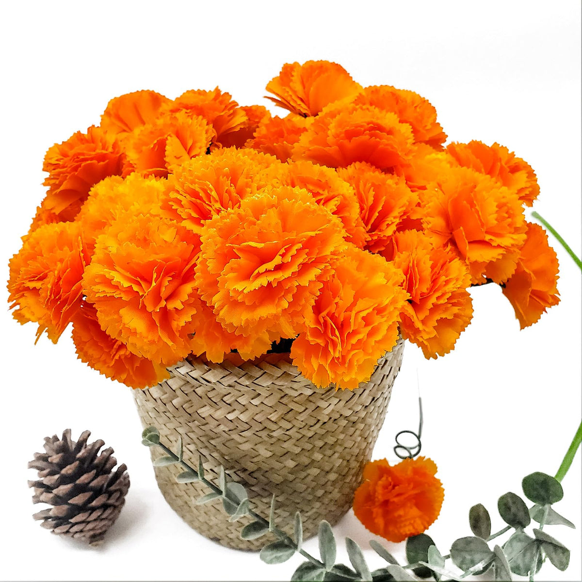 100 Pcs Marigold Flowers Heads with Floral Stems, Silk Orange Artificial Flowers for Diwali Day of The Dead DIY