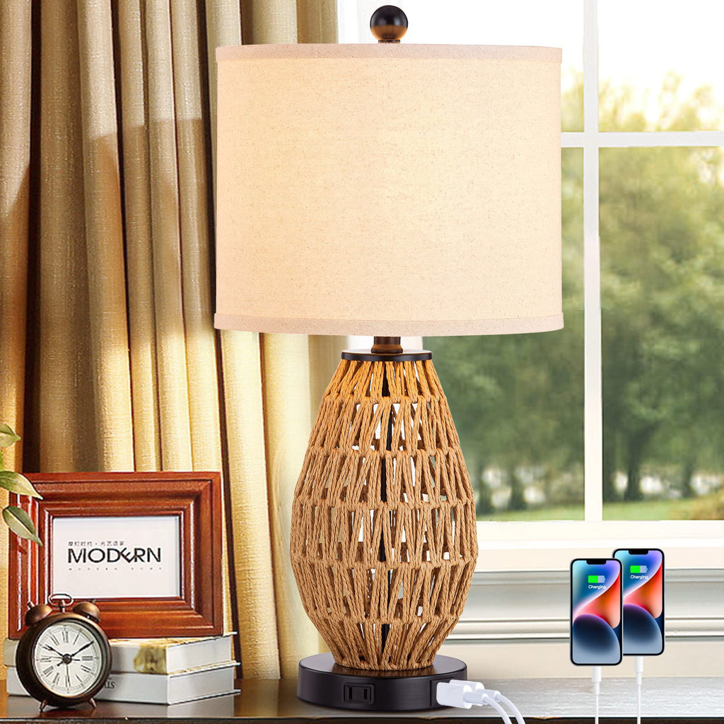 Touch Control Rattan Table Lamp, 3 Way Dimmable Bedside Lamp with 2 USB Ports and AC Outlet, Wicker Nightstand Lamps