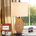 Touch Control Rattan Table Lamp, 3 Way Dimmable Bedside Lamp with 2 USB Ports and AC Outlet, Wicker Nightstand Lamps