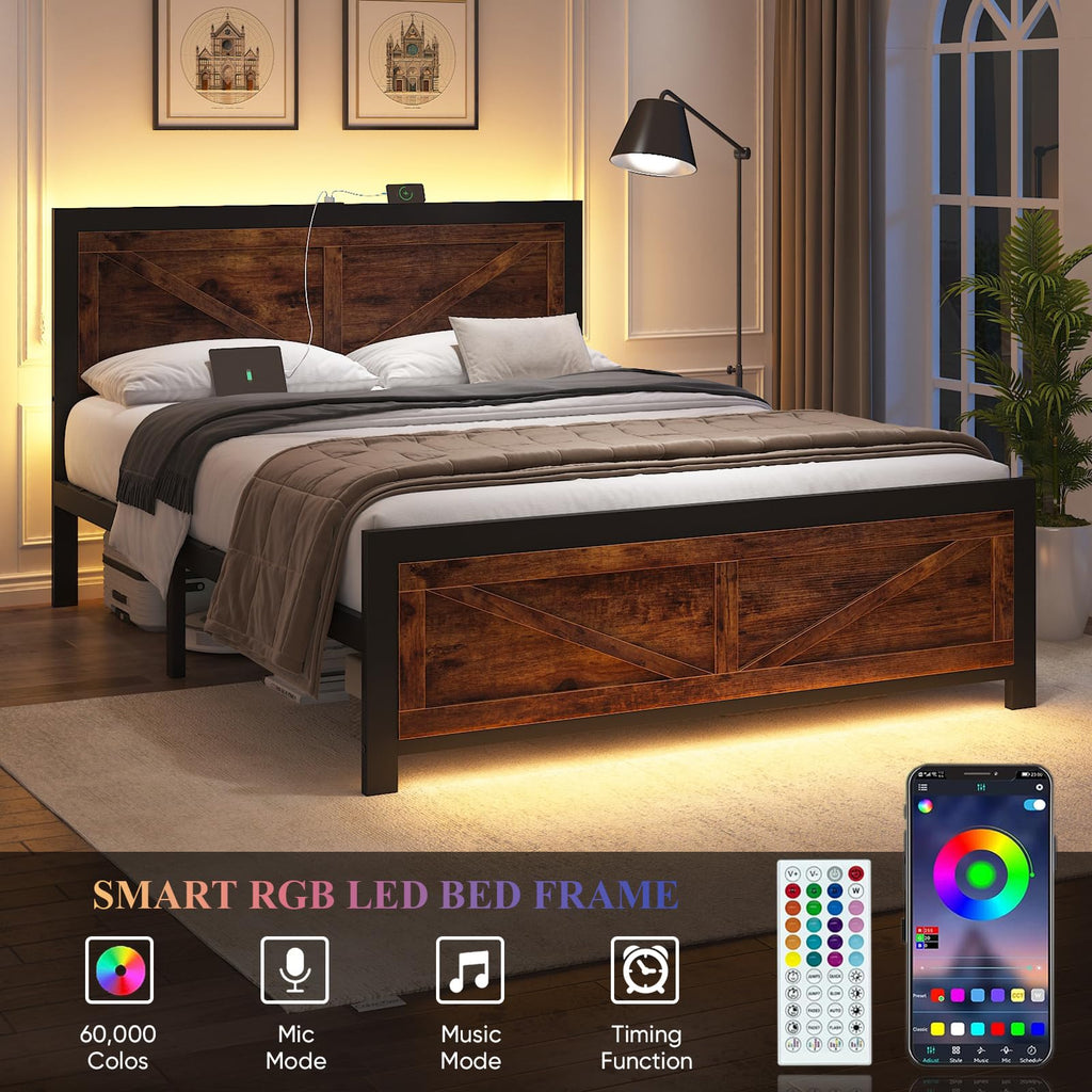 Led Bed Frame with USB Charging Station, Industrial Platform Bed Frame with Farmhouse Barn Door Headboard