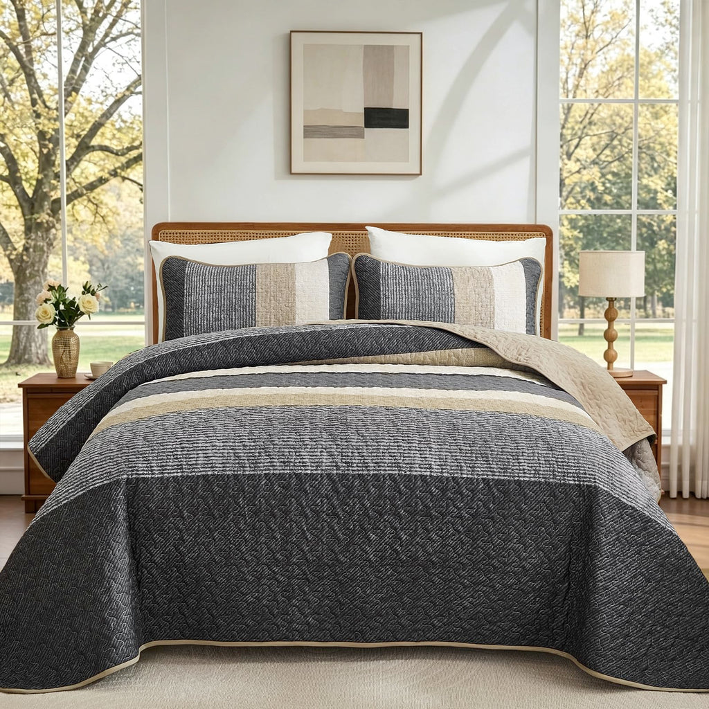 Grey Quilt Set, 3-Piece Boho Striped Bedding