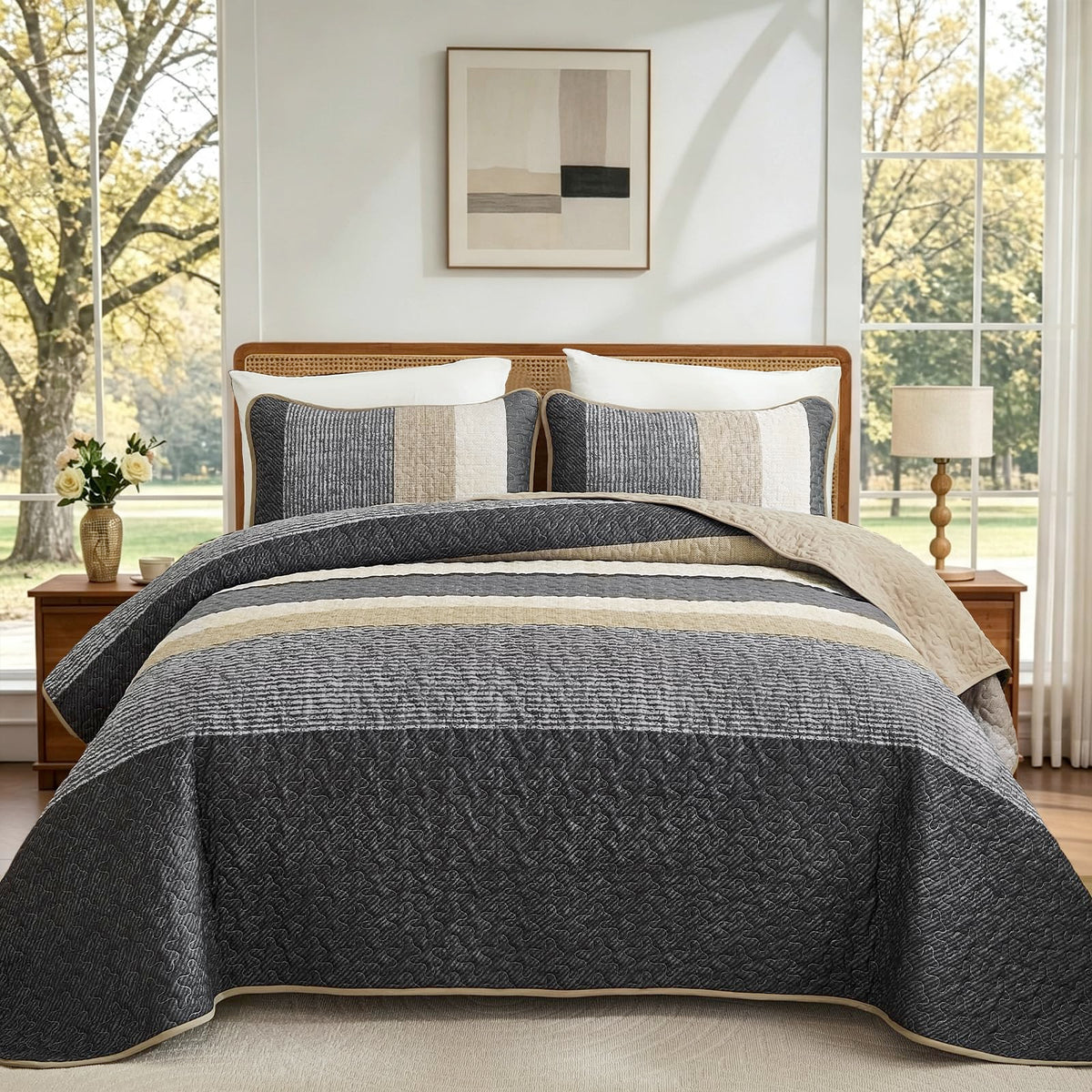 Grey Quilt Set, 3-Piece Boho Striped Bedding