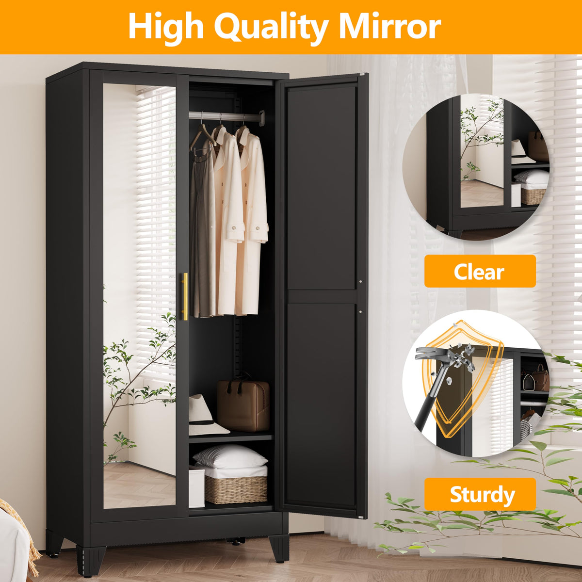 71" H Metal Armoire Wardrobe Closet with Mirror,Adjustable Shelve, Clothes Drying Pole, Steel Wardrobe Cabinet (Black)