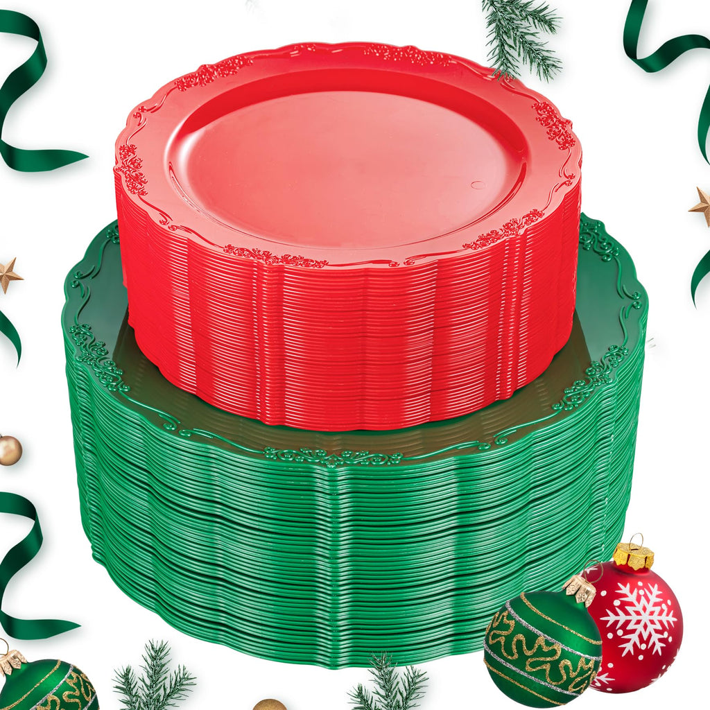 100Pcs Christmas Plastic Plates - Green and Red Plate Disposable