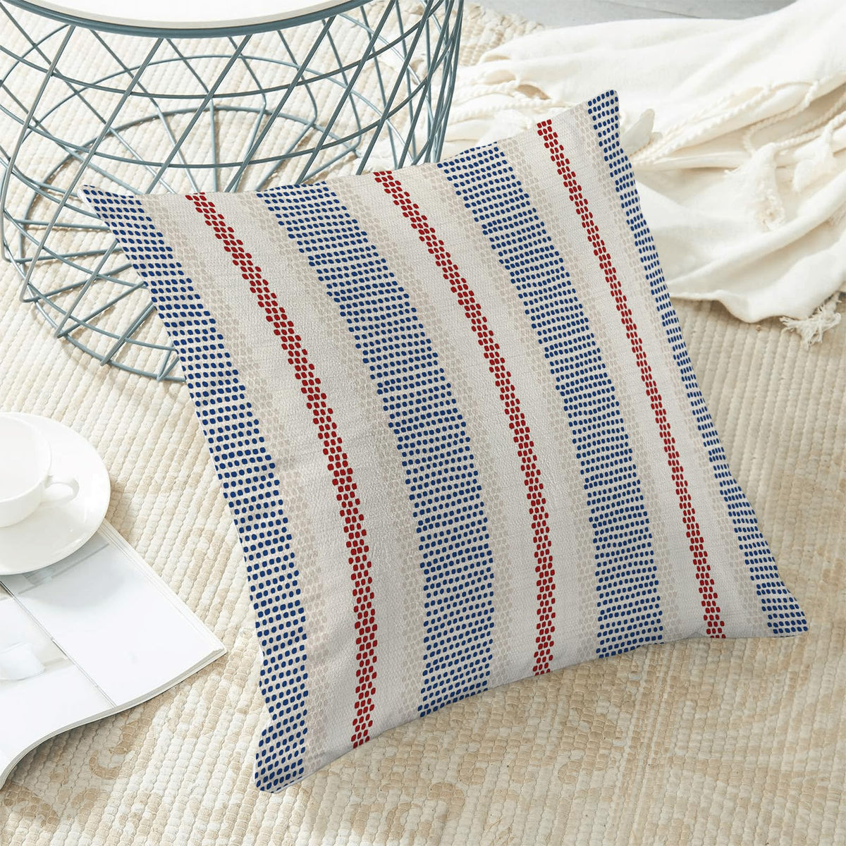 4th of July Summer Outdoor Pillow Covers 20 x 20 Inch, Blue Red Polka Dots Striped Decor Throw Pillows for Couch Bed