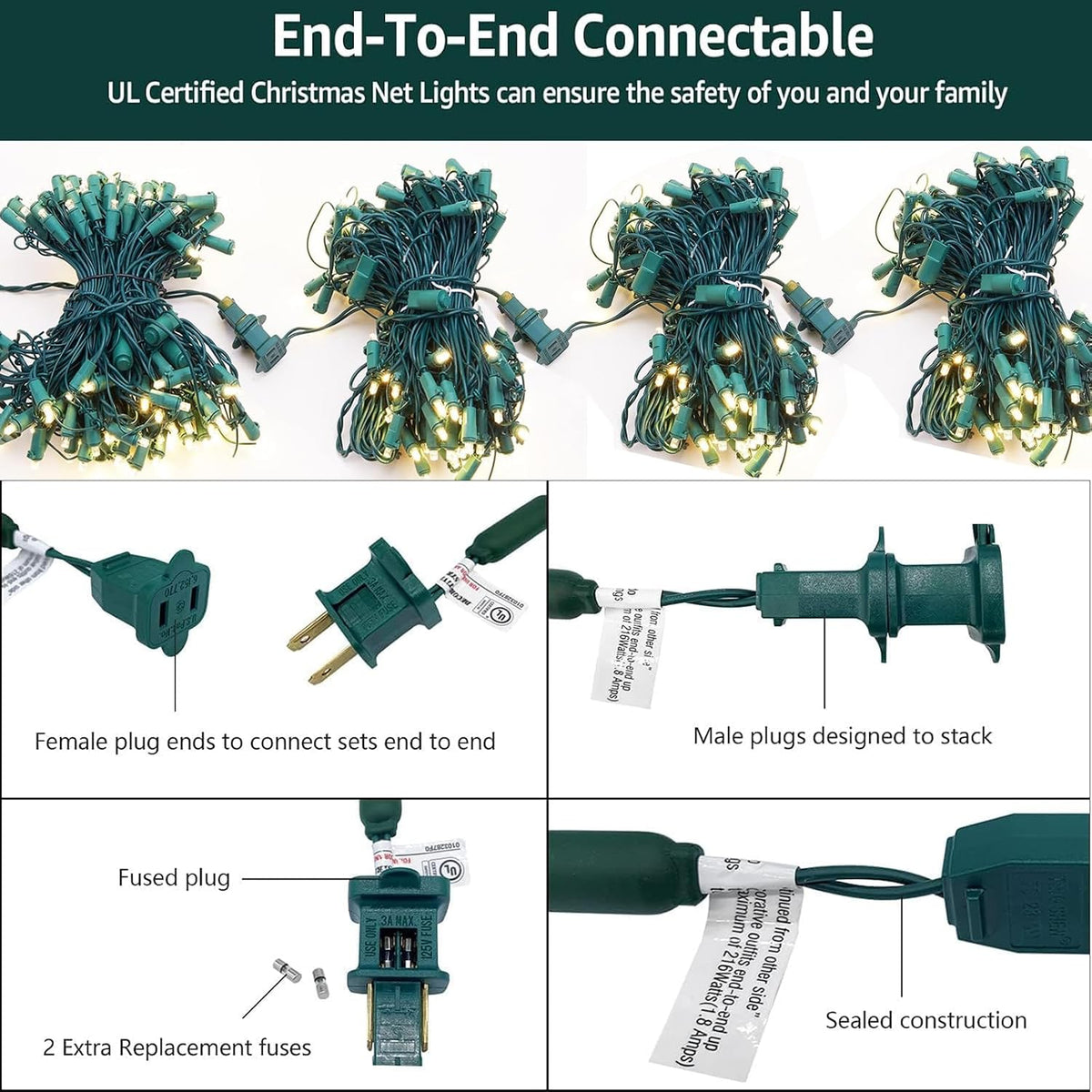 6Ftx4Ft LED Christmas Net Lights Green Wire,Connectable UL Certified Waterptoof Net Lights for Bushes Trees Shurb