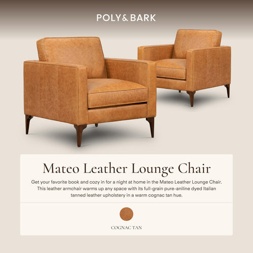 & BARK Mateo Leather Lounge Chair - Cognac Tan Full-Grain Leather Upholstery - Modern Upholstered Accent Chair