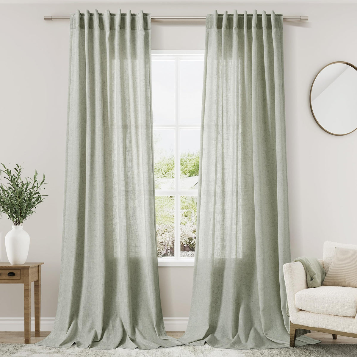 Extra Long Sage Green Curtain 2 Panels 108 inches Long Back Tab Pocket Light Filtering Semi Sheer Drapes Cotton Linen