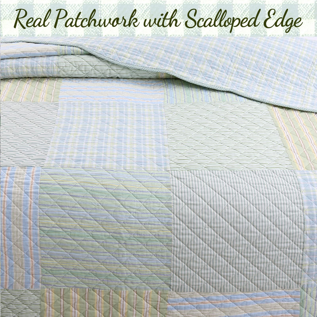 100% Cotton Reversible Quilt Bedding Set, Green Modern Plaid Striped Gingham All-Season Coverlet Bedspread (Juniper