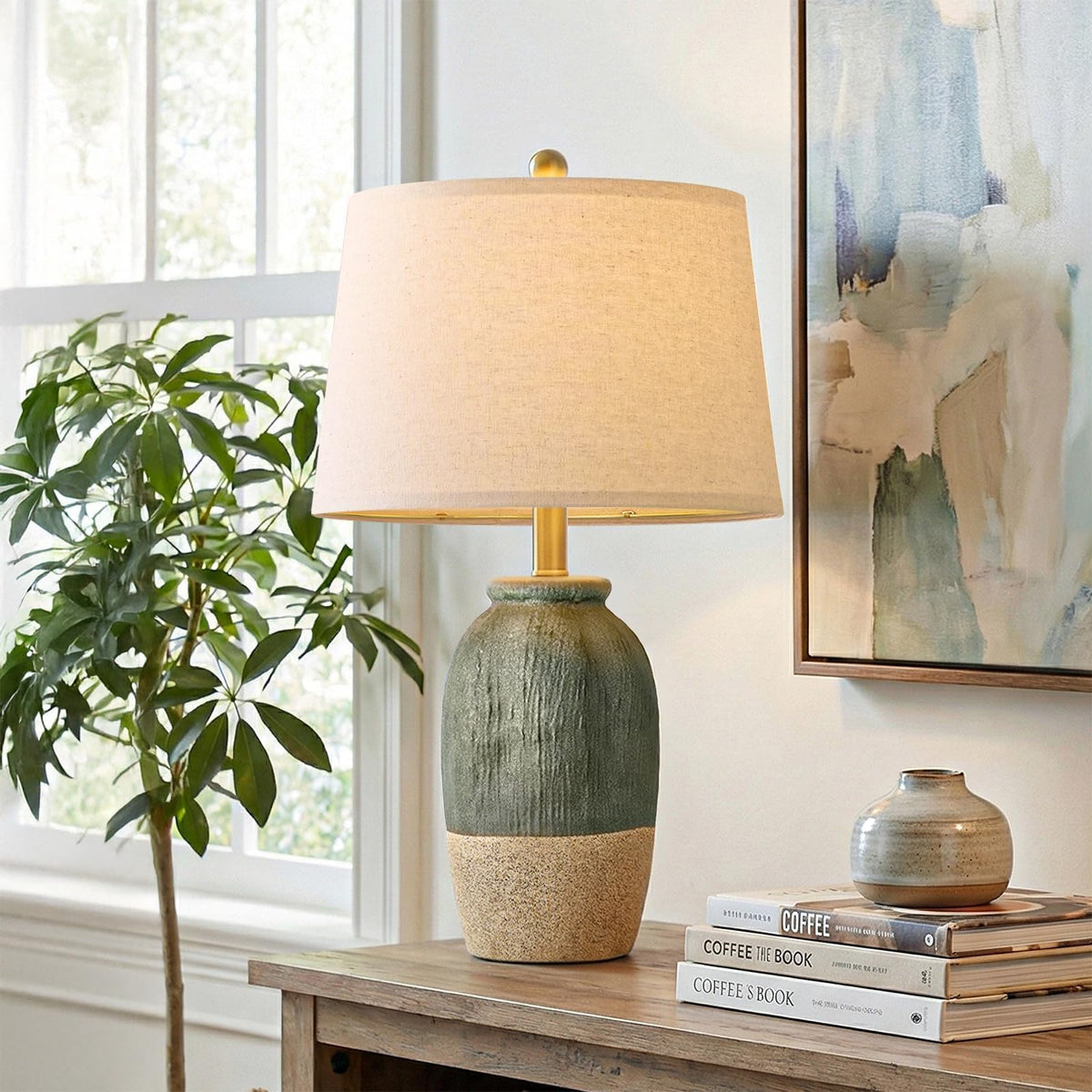 22.5" Green Ceramic Table Lamps, Boho Nightstand Lamp
