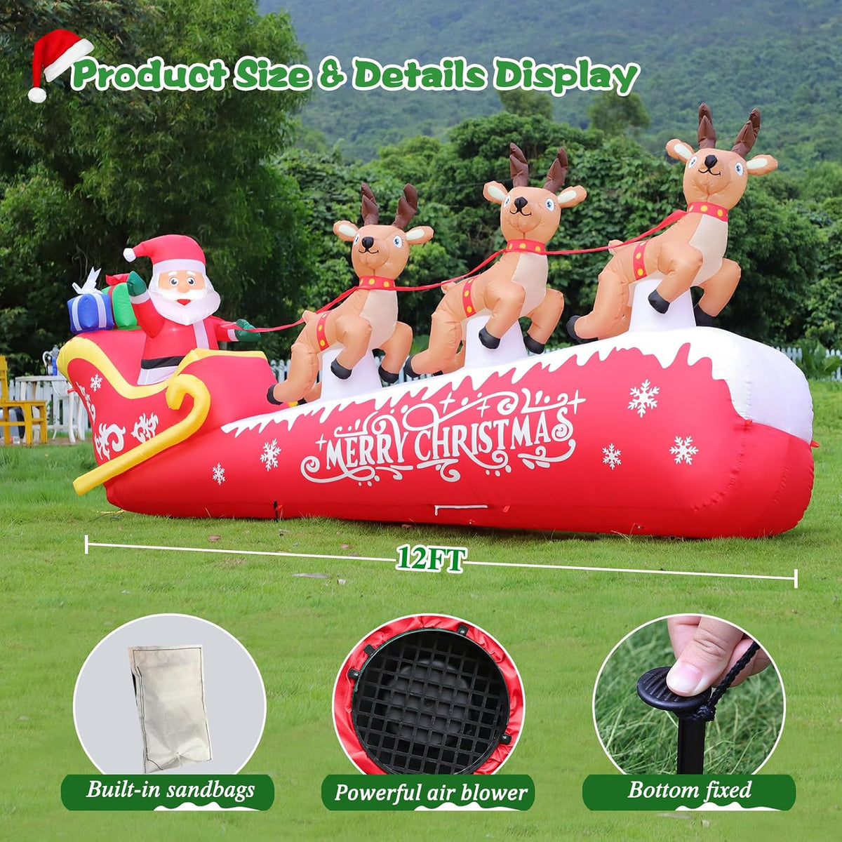 12 FT Christmas Inflatable Santa Claus on Sleigh with 3 Reindeers Outdoor Decorations, Giant Christmas Blow Up Yard