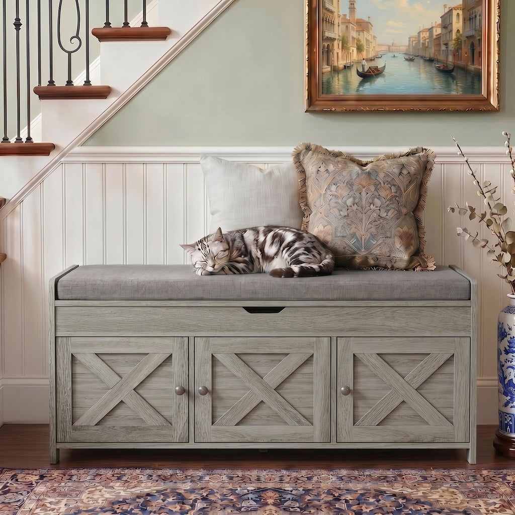 Shoe Storage Bench with Seating, Farmhouse Entryway Bench, Grey