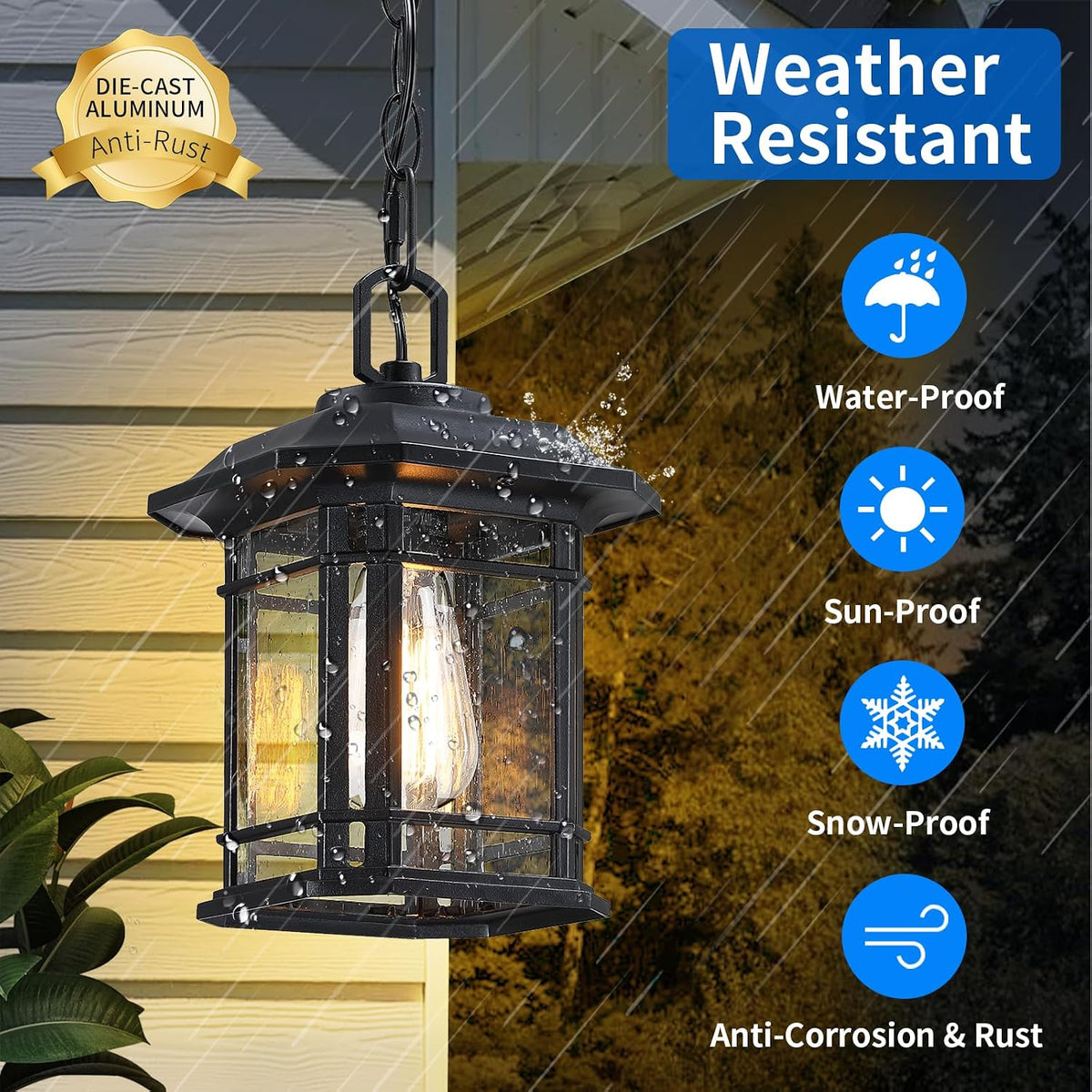Outdoor Pendant Lights for Porch, Black Exterior Hanging Lanterns, Farmhouse Ceiling Light Fixture