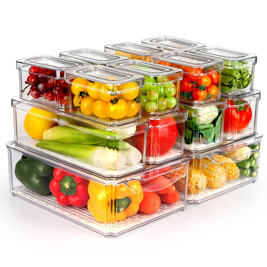 14 Pack Fridge Organizer Bins with Lids, Stackable Clear Storage
