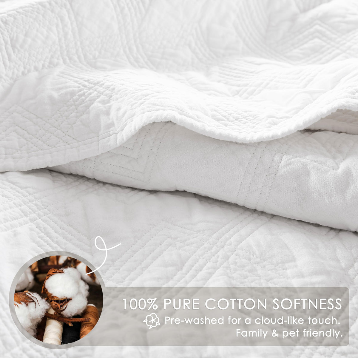 100% Cotton White Oversized Quilt Bedding Sets with 2 Pillow Shams, Shabby Chic Rustic Textured