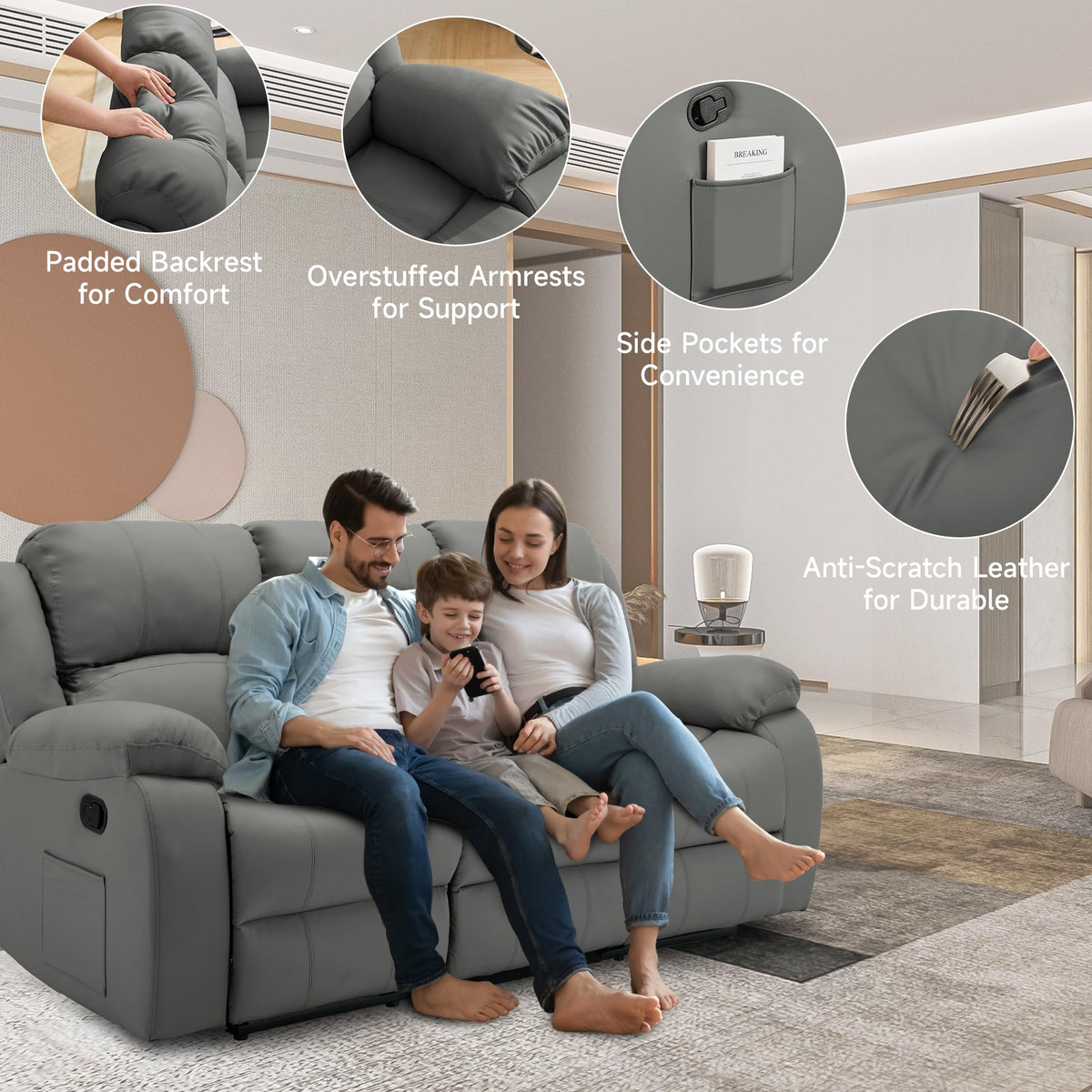 Reclining Couch Sofa Set Anti-Scratch Leather Recliner Sofa Beige