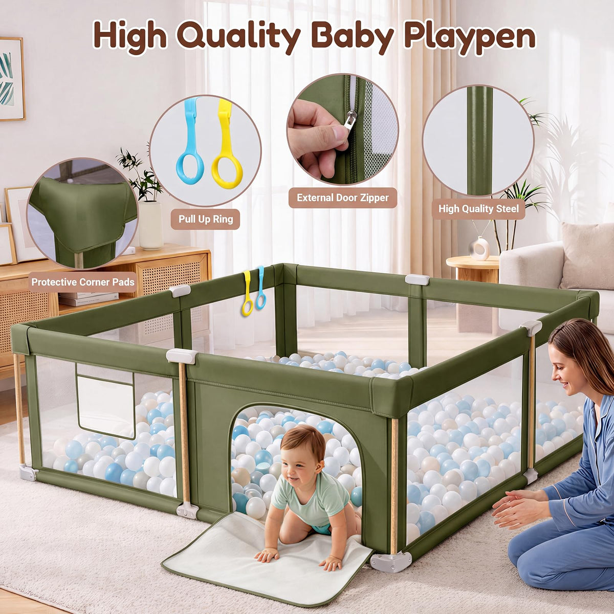 Foldable Baby Playpen with Mat, Foldable Baby Fence Play Yards for Babies and Toddlers, Play Pen with Breathable Mesh