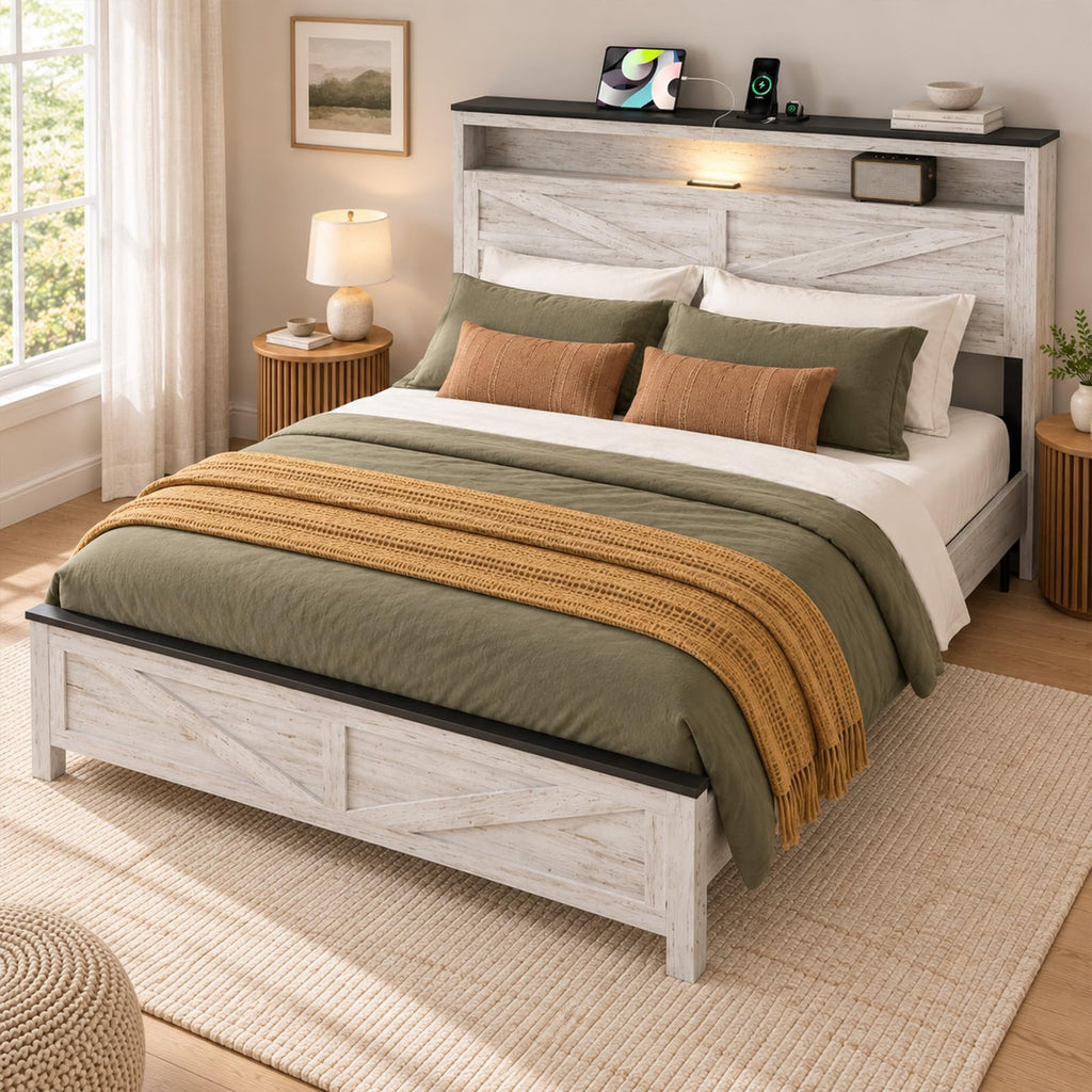 Farmhouse Bed Frame with LED Charging Headboard