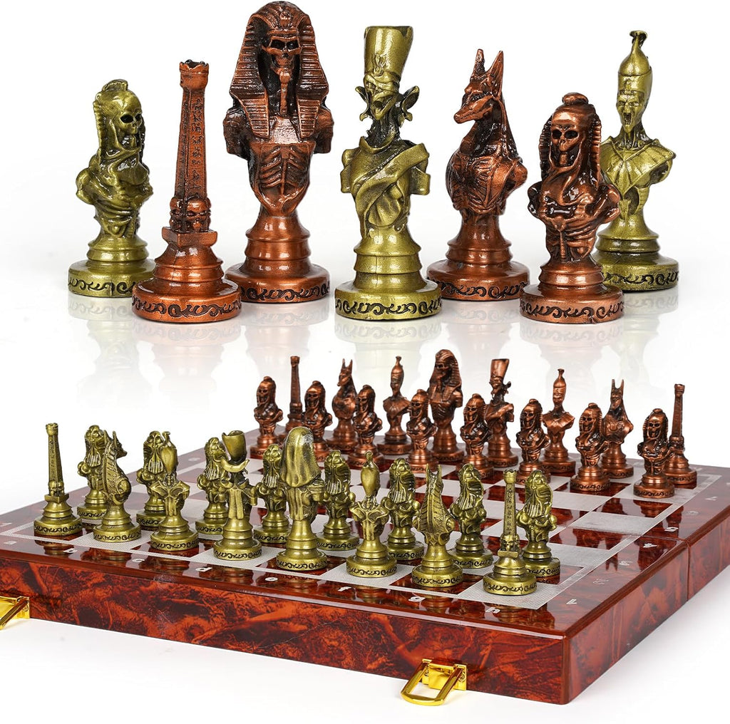 Large Egyptian Metal Chess Set for Adults - 15 Inch Foldable Wooden Chess Board with Weighted Antique Chess Pieces