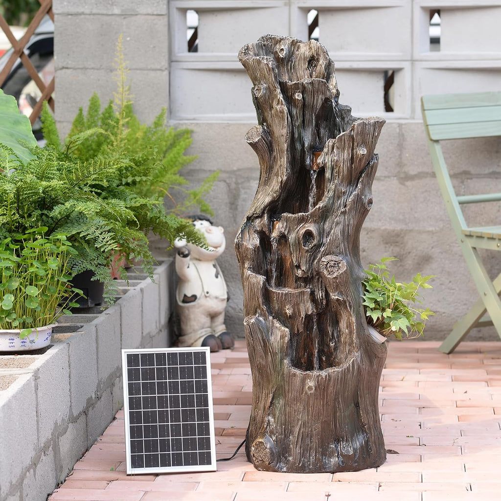 39.37" Tall Solar Water Fountain Outdoor Garden Faux Tree Stump | 5 Tier Solar Powered Water Fountains with LED