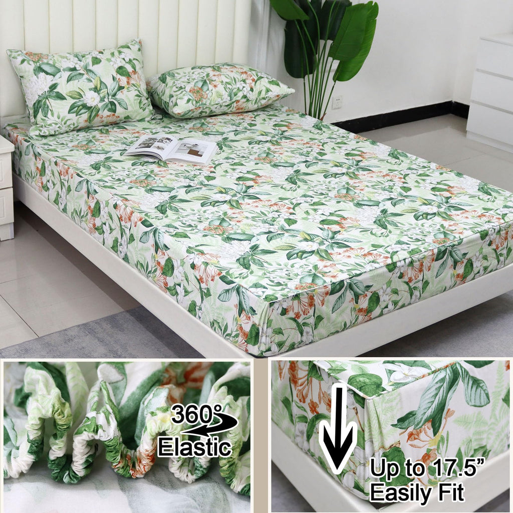 Green Floral Sheet Set King, 100% Cotton Pink Flower Printed Sheets Green Leaves Pattern Sheets Botanical Shabby