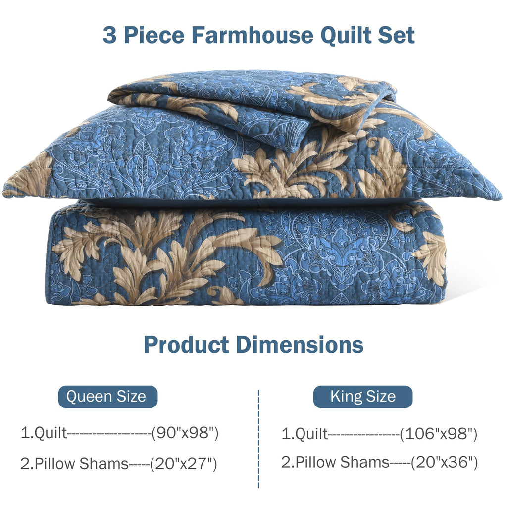 Quilt Bedding Set, 100% Cotton Blue Floral Quilt Bedspreads