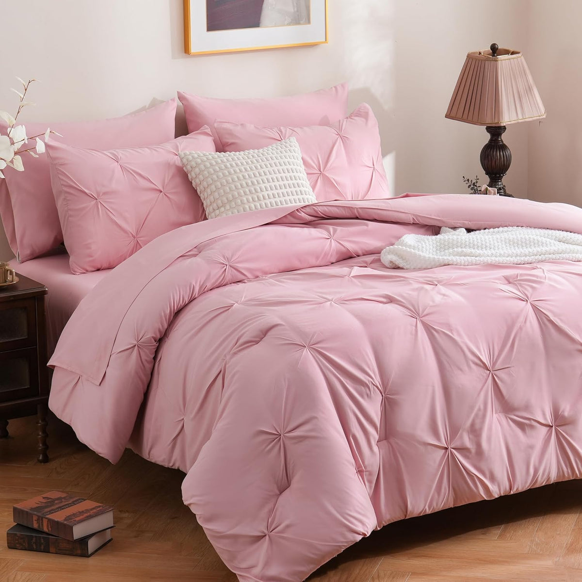 Pink Pintuck Comforter Set, 7-Piece Pinch Pleat Bed in a Bag