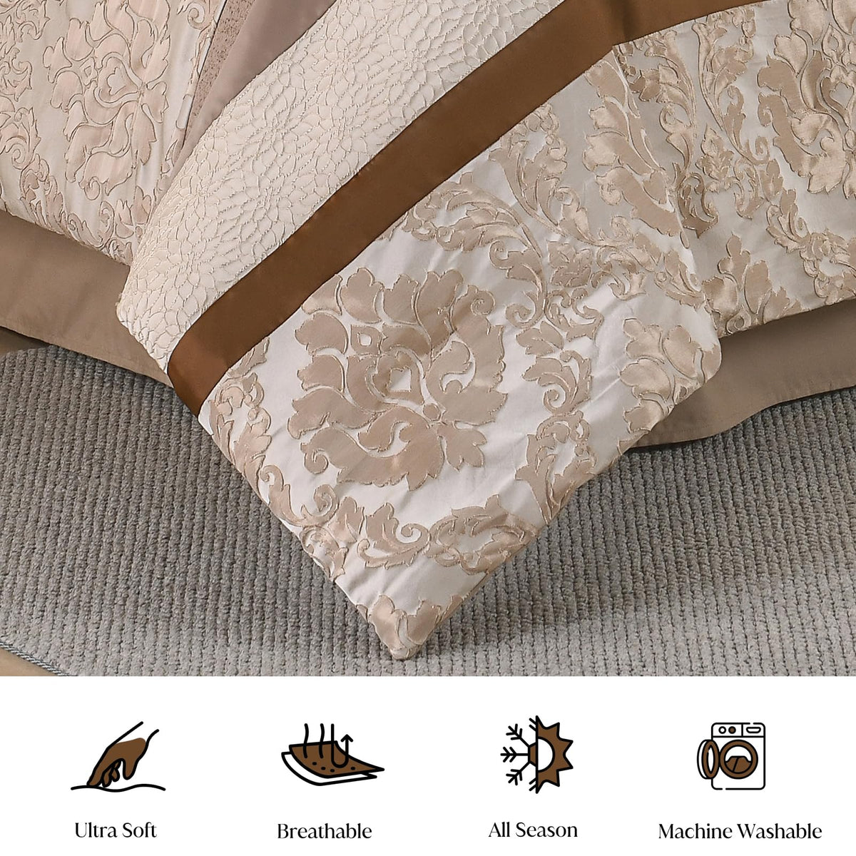Beige Brown Gold Comforter Set, Luxury Jacquard Bedding 7 Pcs
