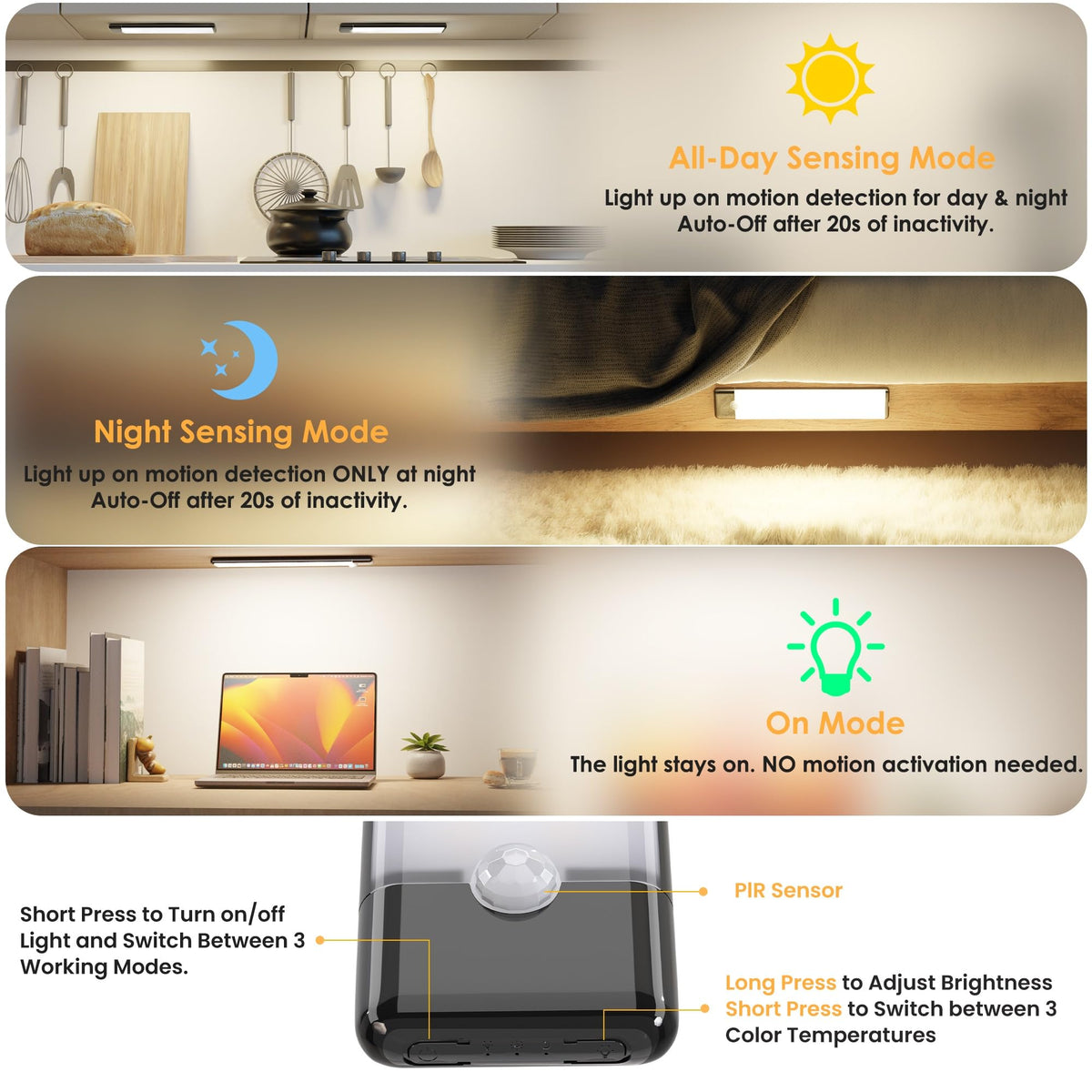 Motion Sensor Under Cabinet Light, 3CCT, 7.9 inch, Black